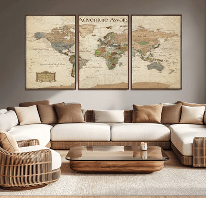 33020399-MGV-CV-30X20-Custom Push Pin World Map Wall Canvas Print – Personalized Travel Tracker with Pins – Framed Custom Quotie Canvas for Home Office Decor