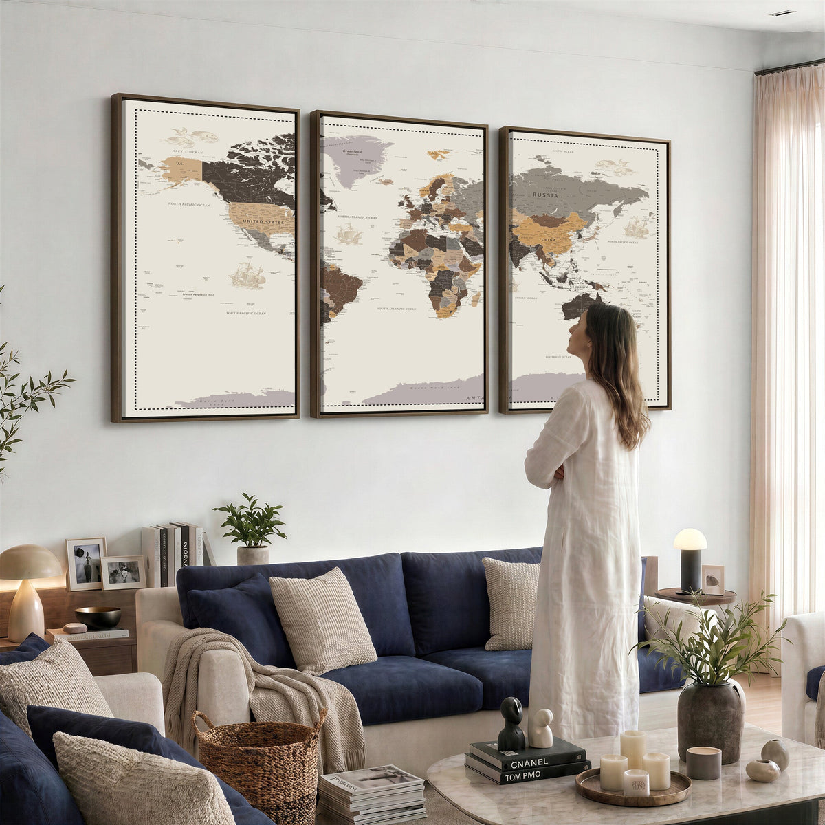 58777746-MGV-CV-36X24 - Custom Beige Modern Push Pin World Map Canvas Print, Places Visited Tracker, Bedroom and Study Decor
