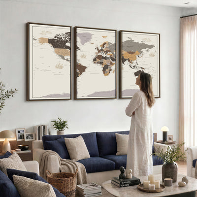58777746-MGV-CV-36X24 - Custom Beige Modern Push Pin World Map Canvas Print, Places Visited Tracker, Bedroom and Study Decor