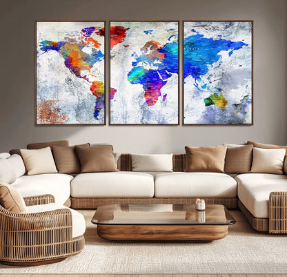 Push Pin World Map Canvas Print – Framed Wall Art for Couples to Track Their Travels – Anniversary Gift or Home Adventure Decor
