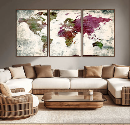 Push Pin World Map Canvas Print – Framed Wall Art for Couples to Track Their Travels – Anniversary Gift or Home Adventure Decor