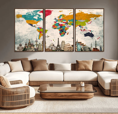 Push Pin World Map Canvas Print – Framed Wall Art for Couples to Track Their Travels – Anniversary Gift or Home Adventure Decor