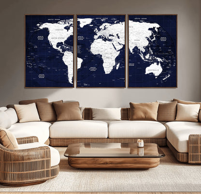 Push Pin World Map Canvas Print – Framed Wall Art for Couples to Track Their Travels – Anniversary Gift or Home Adventure Decor