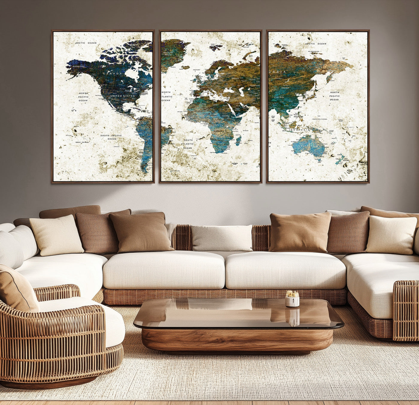 Vintage World Map Wall Art Canvas Print, Framed Rustic Earth Map Art Picture Print, Antique Map Perfect Rustic Vintage Decor Artwork