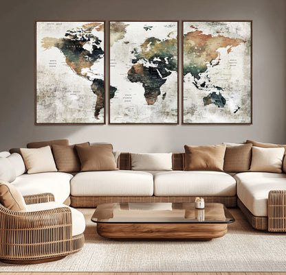 Push Pin World Map Canvas Print – Framed Wall Art for Couples to Track Their Travels – Anniversary Gift or Home Adventure Decor