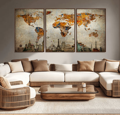 Push Pin World Map Canvas Print – Framed Wall Art for Couples to Track Their Travels – Anniversary Gift or Home Adventure Decor