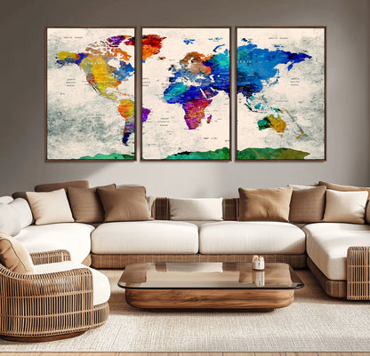 Push Pin World Map Canvas Print – Framed Wall Art for Couples to Track Their Travels – Anniversary Gift or Home Adventure Decor