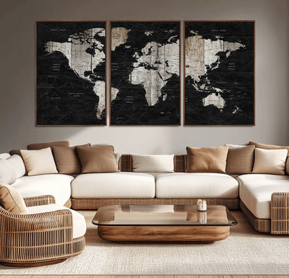 Push Pin World Map Canvas Print – Framed Wall Art for Couples to Track Their Travels – Anniversary Gift or Home Adventure Decor