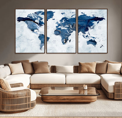 Push Pin World Map Canvas Print – Framed Wall Art for Couples to Track Their Travels – Anniversary Gift or Home Adventure Decor