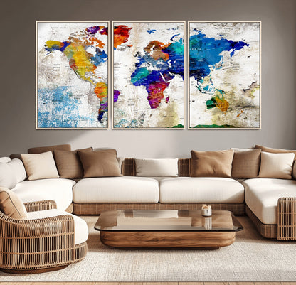 Push Pin World Map Canvas Print – Framed Wall Art for Couples to Track Their Travels – Anniversary Gift or Home Adventure Decor