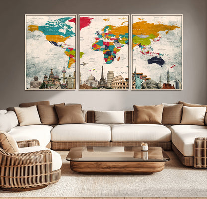 Push Pin World Map Canvas Print – Framed Wall Art for Couples to Track Their Travels – Anniversary Gift or Home Adventure Decor