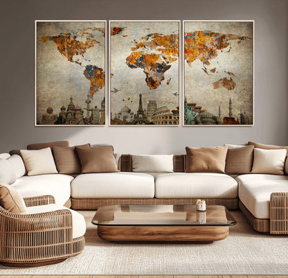 Push Pin World Map Canvas Print – Framed Wall Art for Couples to Track Their Travels – Anniversary Gift or Home Adventure Decor