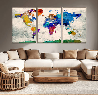 Push Pin World Map Canvas Print – Framed Wall Art for Couples to Track Their Travels – Anniversary Gift or Home Adventure Decor