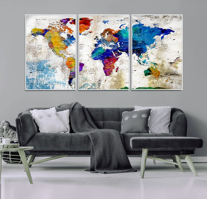 Push Pin World Map Canvas Print – Framed Wall Art for Couples to Track Their Travels – Anniversary Gift or Home Adventure Decor