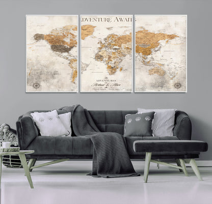 99422096-MGV-FC-60X30-3P_White-Custom Push Pin World Map Wall Canvas Print – Personalized Travel Tracker with Pins – Framed Custom Quotie Canvas for Home Office Decor