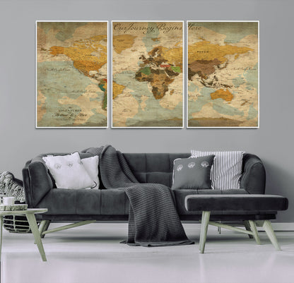 40572820-MGV-FC-60X30-3P_White-Custom Push Pin World Map Wall Canvas Print – Personalized Travel Tracker with Pins – Framed Custom Quotie Canvas for Home Office Decor