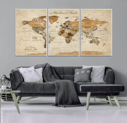 64295326-MGV-FC-60X30-3P_White-Custom Push Pin World Map Wall Canvas Print – Personalized Travel Tracker with Pins – Framed Custom Quotie Canvas for Home Office Decor