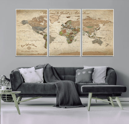 76478536-MGV-FC-60X30-3P_White-Custom Push Pin World Map Wall Canvas Print – Personalized Travel Tracker with Pins – Framed Custom Quotie Canvas for Home Office Decor