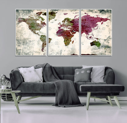 Push Pin World Map Canvas Print – Framed Wall Art for Couples to Track Their Travels – Anniversary Gift or Home Adventure Decor