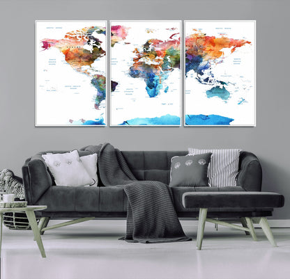 Push Pin World Map Canvas Print – Framed Wall Art for Couples to Track Their Travels – Anniversary Gift or Home Adventure Decor