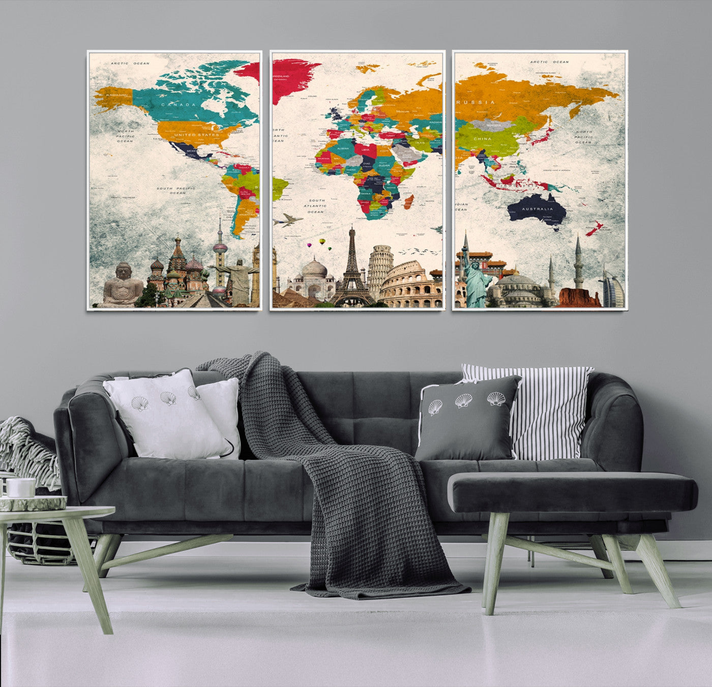 Push Pin World Map Canvas Print – Framed Wall Art for Couples to Track Their Travels – Anniversary Gift or Home Adventure Decor