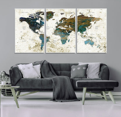 Vintage World Map Wall Art Canvas Print, Framed Rustic Earth Map Art Picture Print, Antique Map Perfect Rustic Vintage Decor Artwork