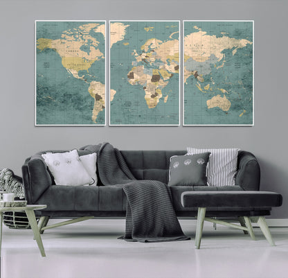 Classic World Map Wall Art Canvas Print, Framed Retro Map Art Picture Print, Vintage Atlas Perfect Rustic Explorer Decor Artwork
