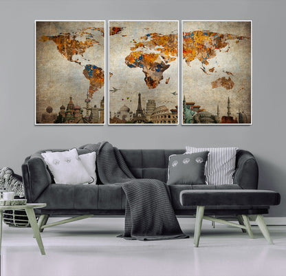 Push Pin World Map Canvas Print – Framed Wall Art for Couples to Track Their Travels – Anniversary Gift or Home Adventure Decor