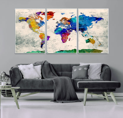 Push Pin World Map Canvas Print – Framed Wall Art for Couples to Track Their Travels – Anniversary Gift or Home Adventure Decor