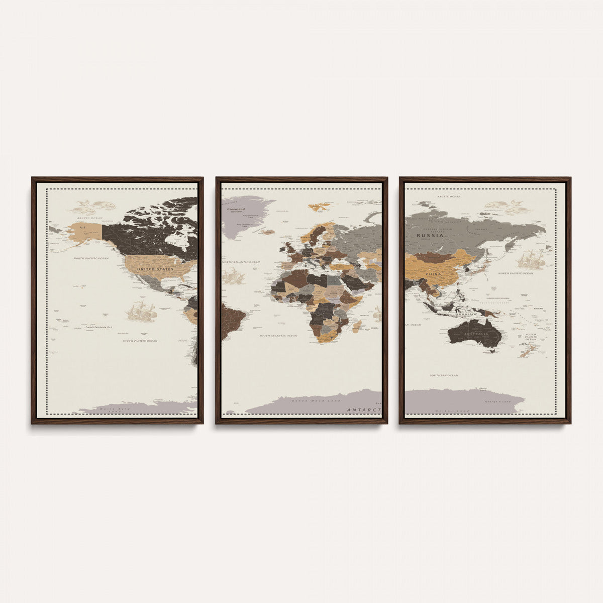 58777746-MGV-CV-36X24 - Custom Beige Modern Push Pin World Map Canvas Print, Places Visited Tracker, Bedroom and Study Decor