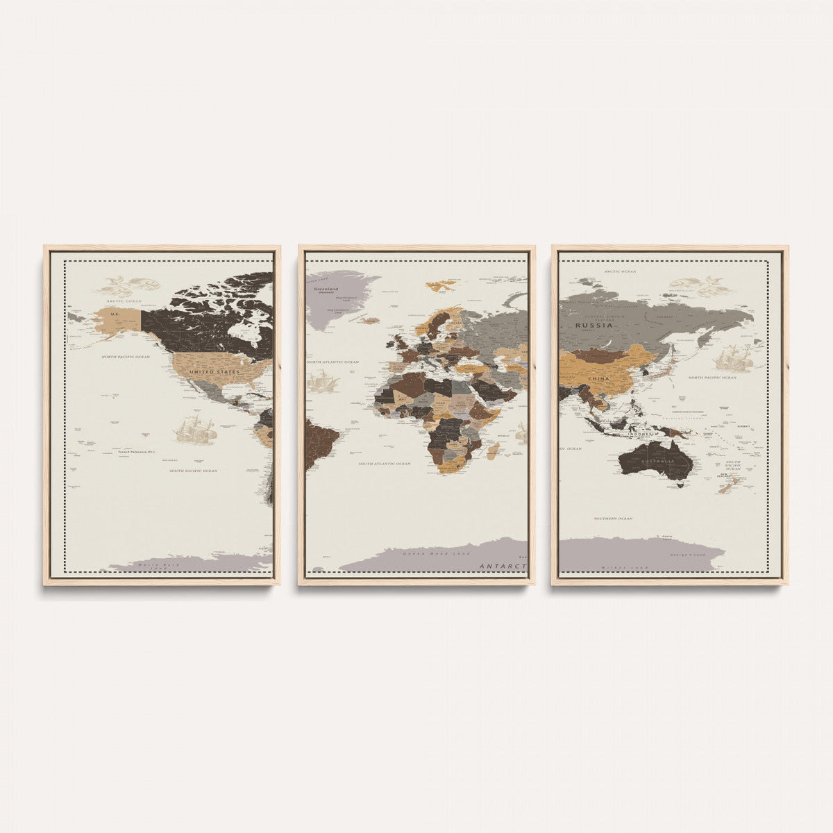58777746-MGV-CV-36X24 - Custom Beige Modern Push Pin World Map Canvas Print, Places Visited Tracker, Bedroom and Study Decor