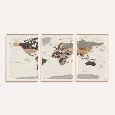 58777746-MGV-CV-36X24 - Custom Beige Modern Push Pin World Map Canvas Print, Places Visited Tracker, Bedroom and Study Decor