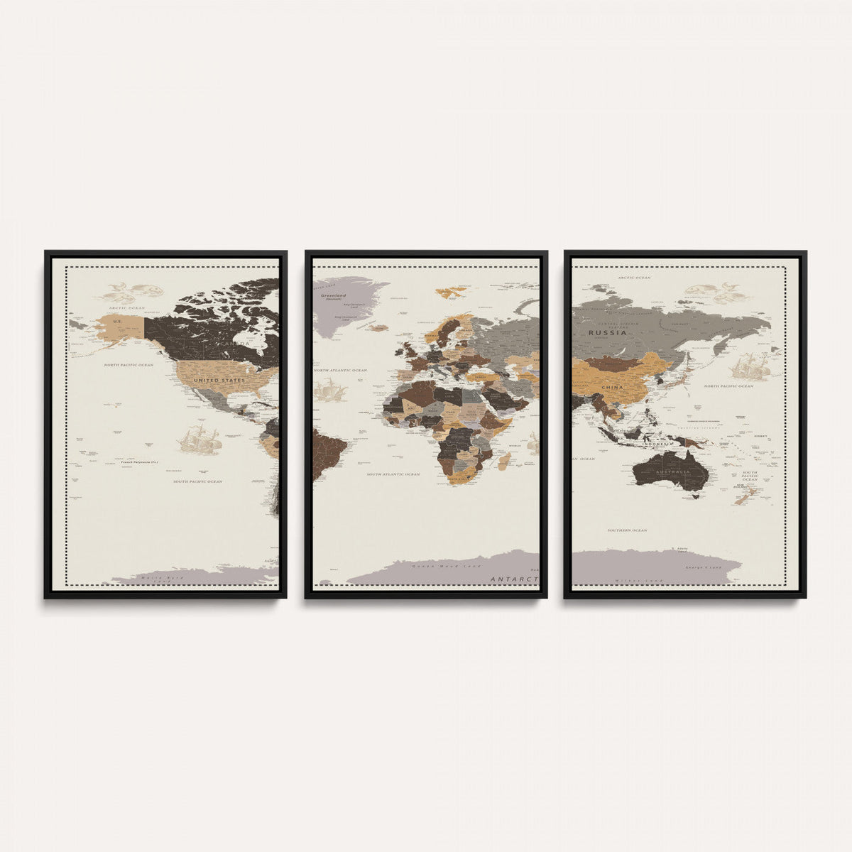 58777746-MGV-CV-36X24 - Custom Beige Modern Push Pin World Map Canvas Print, Places Visited Tracker, Bedroom and Study Decor