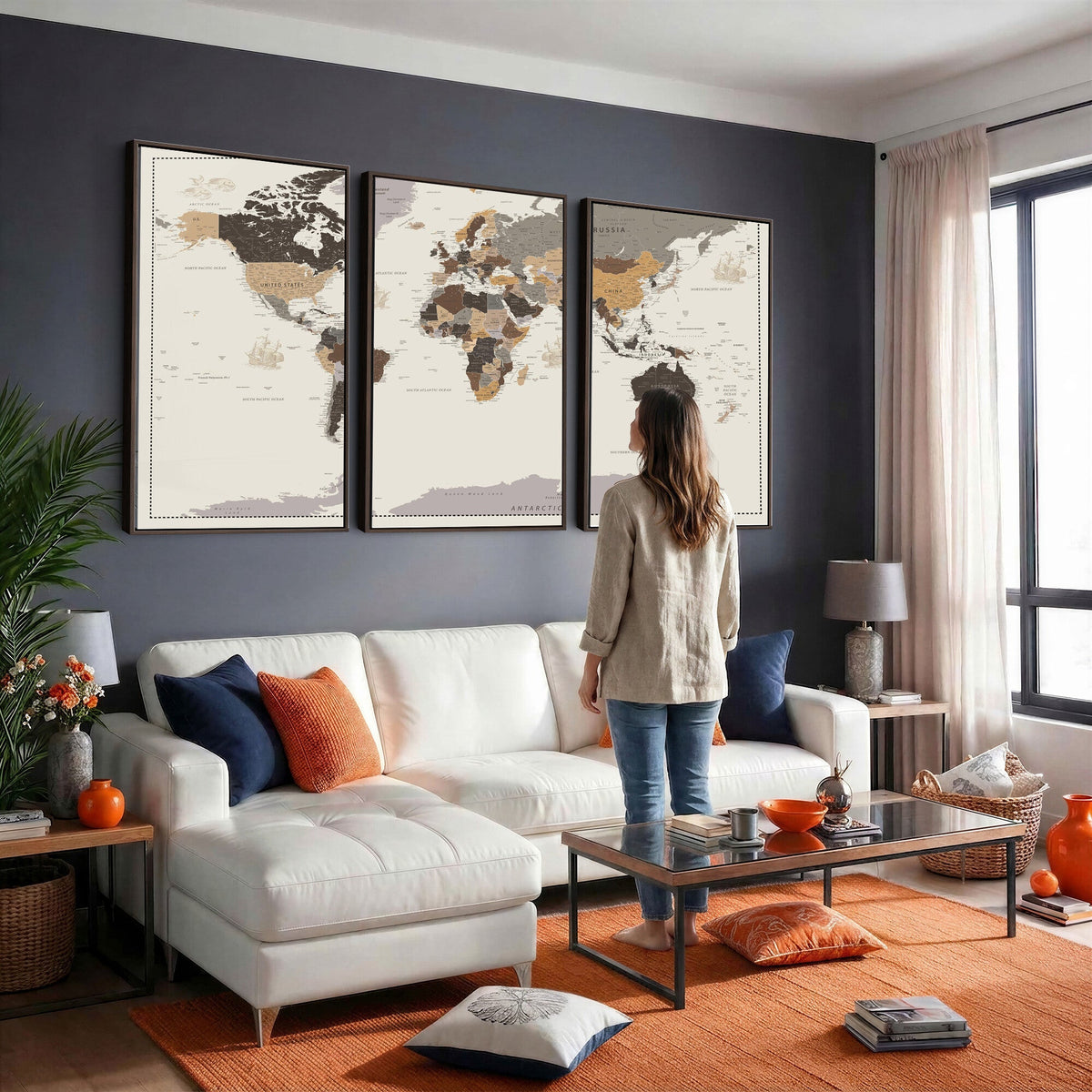 58777746-MGV-CV-36X24 - Custom Beige Modern Push Pin World Map Canvas Print, Places Visited Tracker, Bedroom and Study Decor