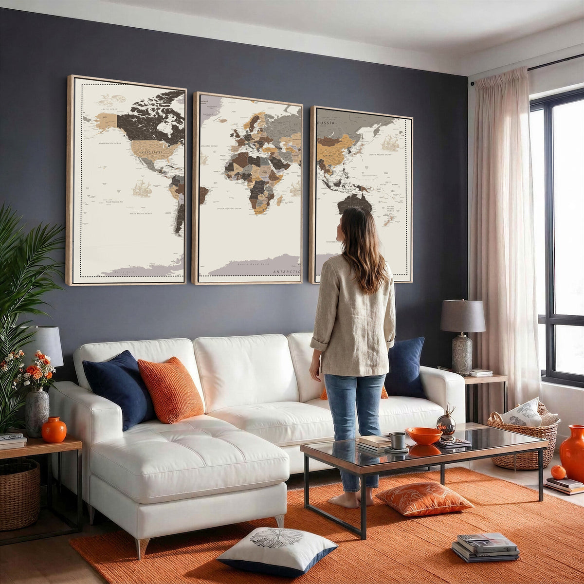 58777746-MGV-CV-36X24 - Custom Beige Modern Push Pin World Map Canvas Print, Places Visited Tracker, Bedroom and Study Decor