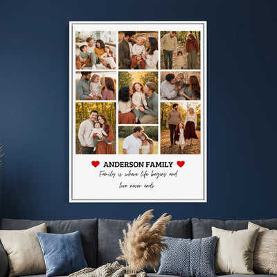 Personalized photo collage with red hearts, print option