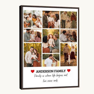 Family photo collage print with hearts, design view