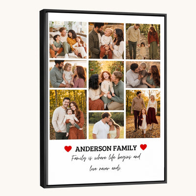Family photo collage with quote and red hearts, canvas print