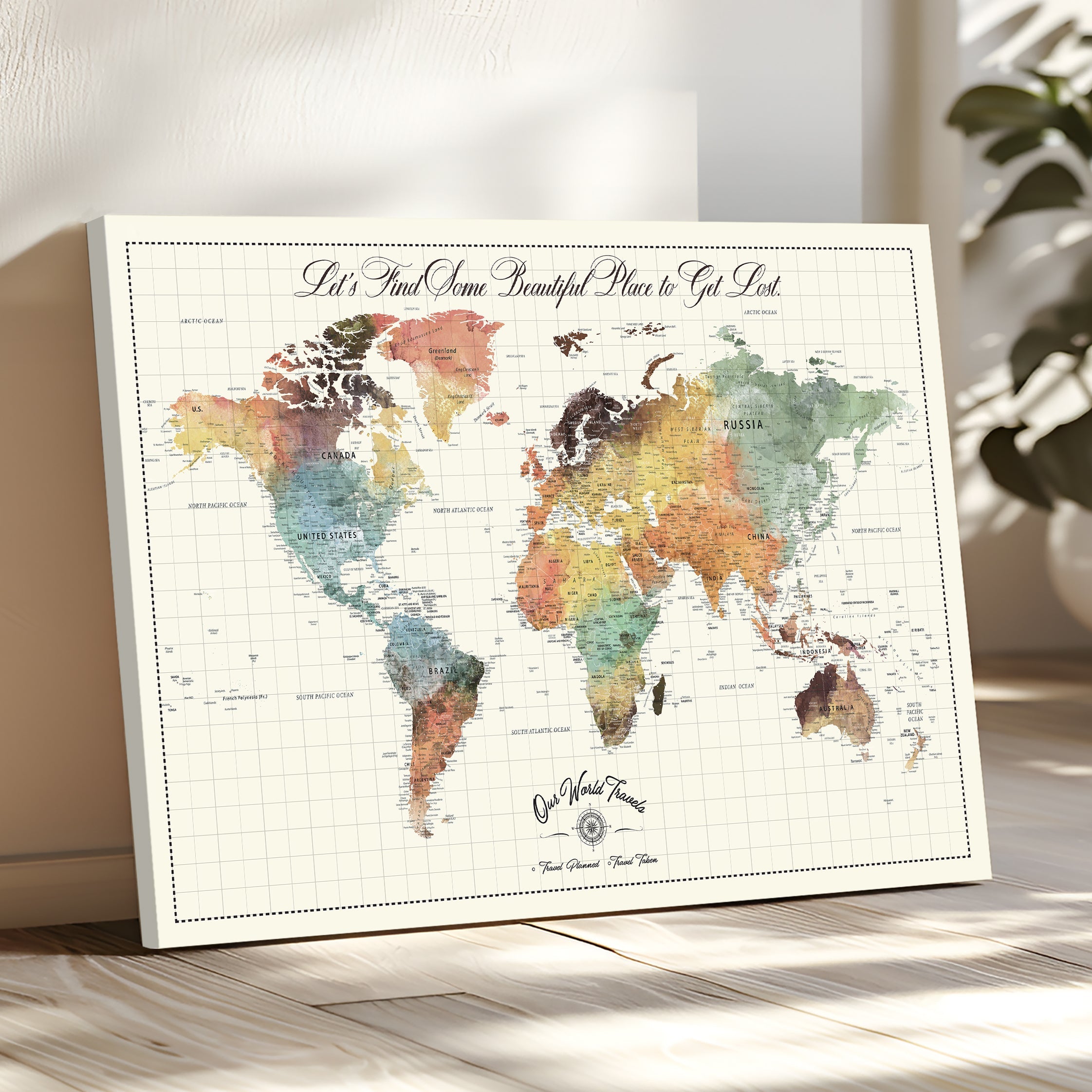 '-Custom Framed World Map Canvas Print – Personalized Push Pin Travel Tracker Gift for Couples, Weddings, or Anniversary Celebrations - H76