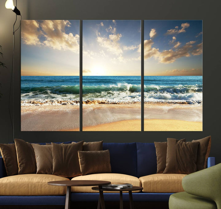 5 Panel Beach Sunrise Canvas Wall Art - Coastal Ocean Waves and Golden Sand, Ready to Hang Coastal Decor for Living Room, Bedroom, or Office