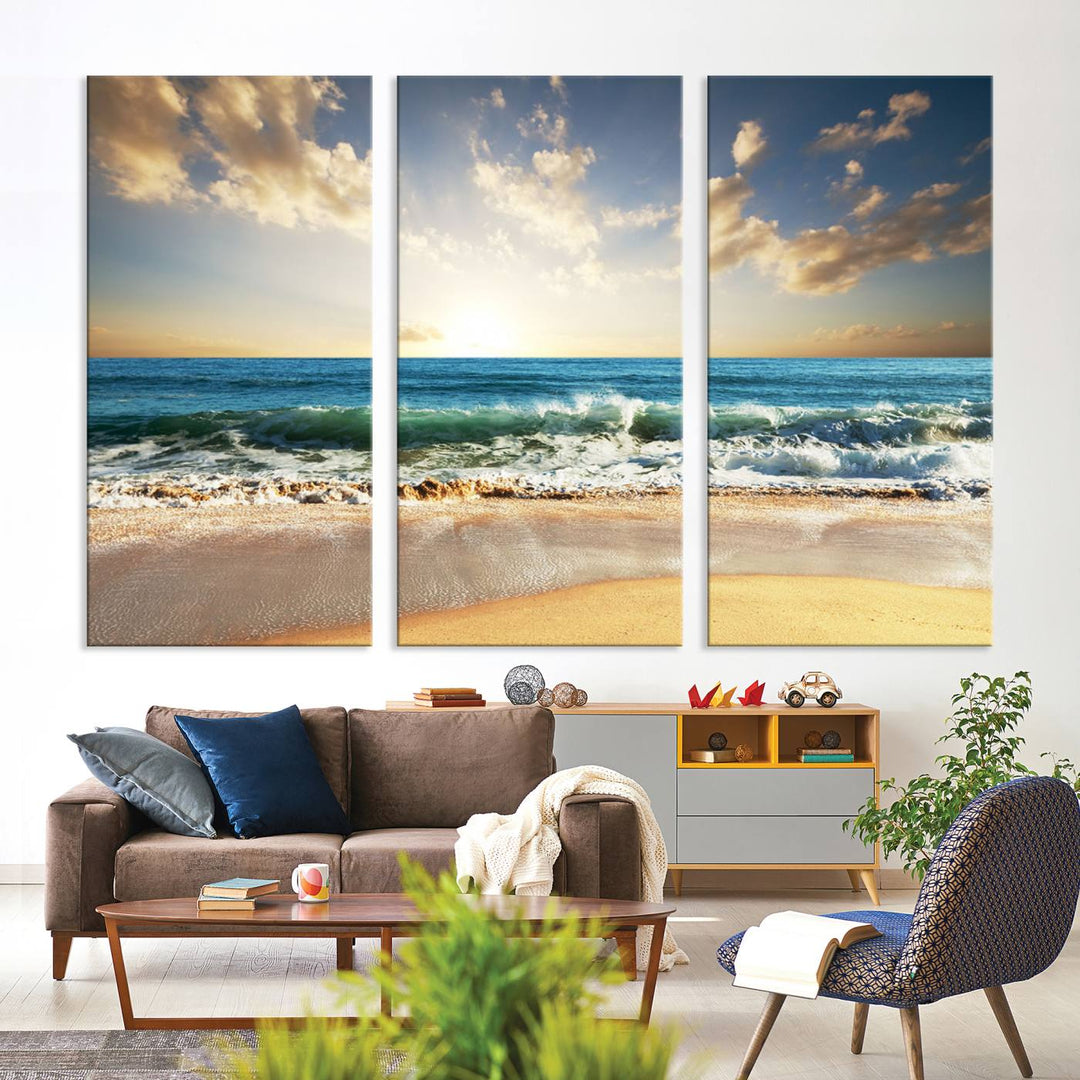 5 Panel Beach Sunrise Canvas Wall Art - Coastal Ocean Waves and Golden Sand, Ready to Hang Coastal Decor for Living Room, Bedroom, or Office