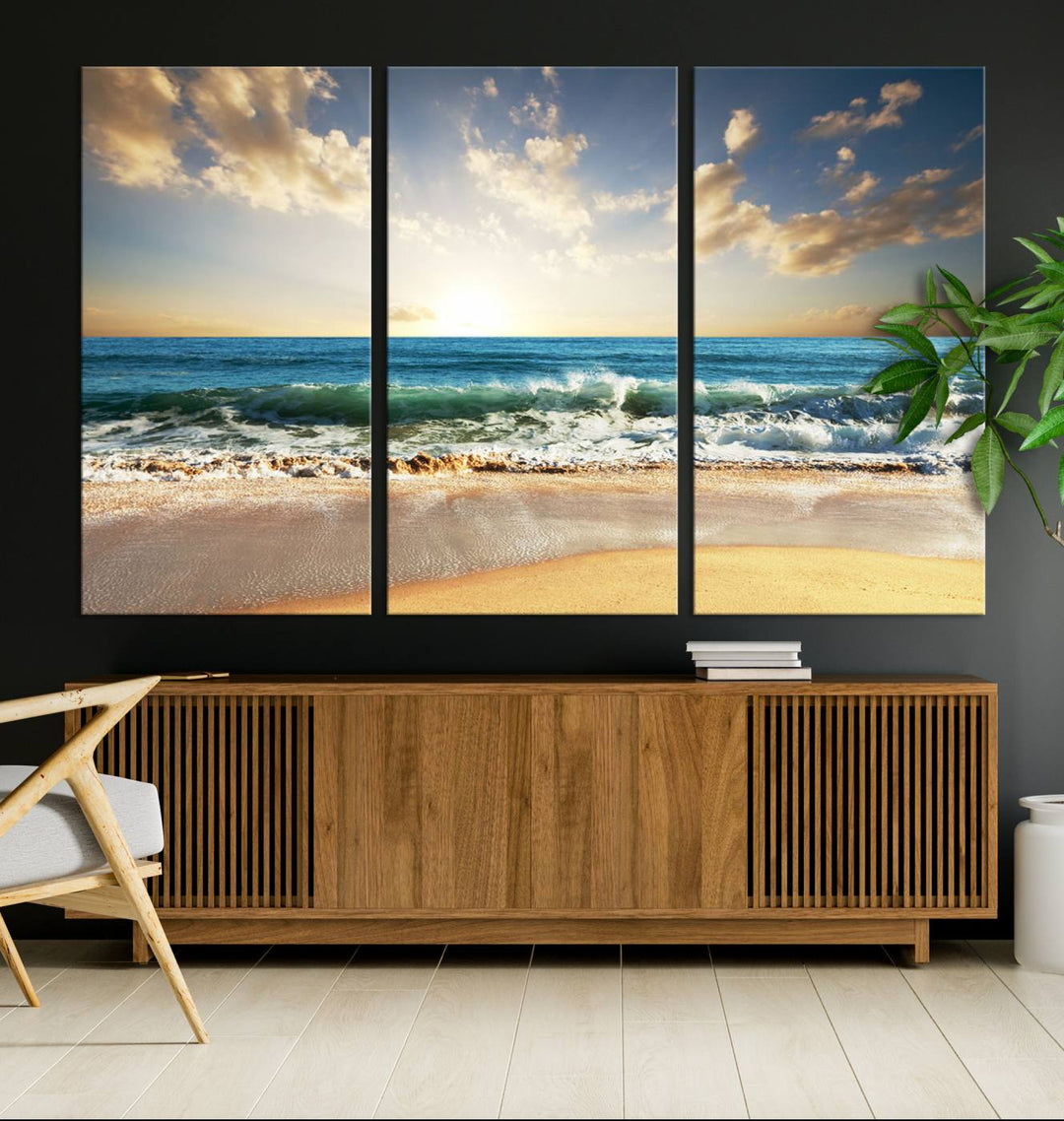 5 Panel Beach Sunrise Canvas Wall Art - Coastal Ocean Waves and Golden Sand, Ready to Hang Coastal Decor for Living Room, Bedroom, or Office