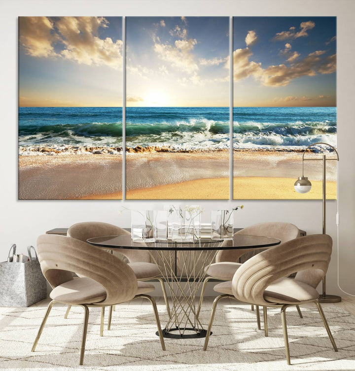 5 Panel Beach Sunrise Canvas Wall Art - Coastal Ocean Waves and Golden Sand, Ready to Hang Coastal Decor for Living Room, Bedroom, or Office