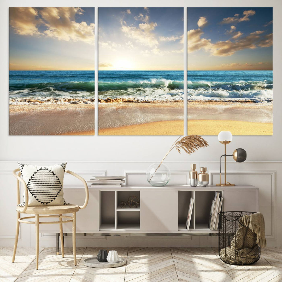 5 Panel Beach Sunrise Canvas Wall Art - Coastal Ocean Waves and Golden Sand, Ready to Hang Coastal Decor for Living Room, Bedroom, or Office