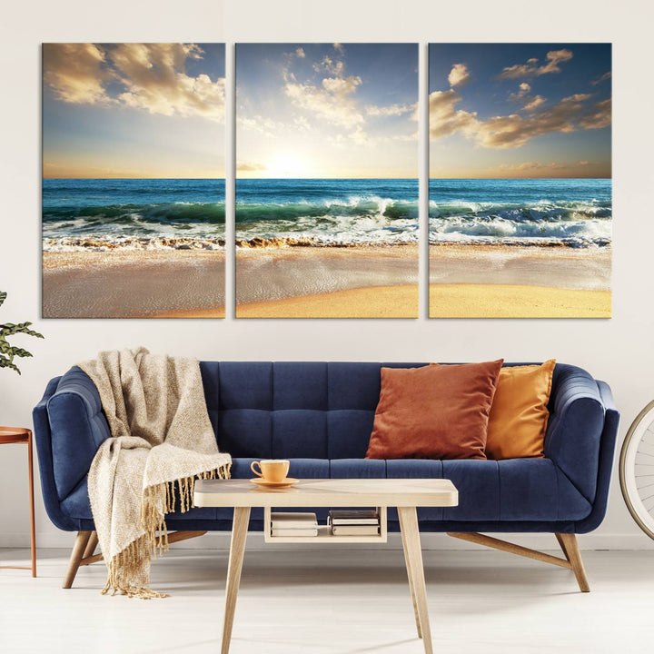 5 Panel Beach Sunrise Canvas Wall Art - Coastal Ocean Waves and Golden Sand, Ready to Hang Coastal Decor for Living Room, Bedroom, or Office