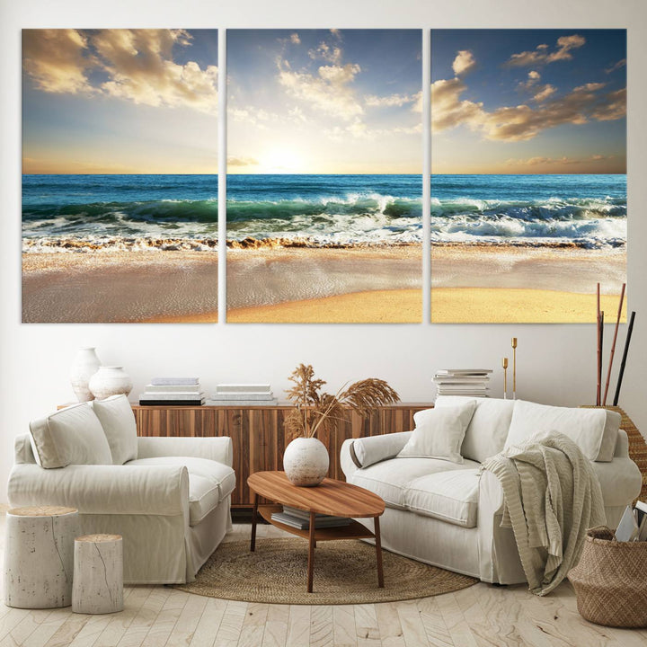 5 Panel Beach Sunrise Canvas Wall Art - Coastal Ocean Waves and Golden Sand, Ready to Hang Coastal Decor for Living Room, Bedroom, or Office