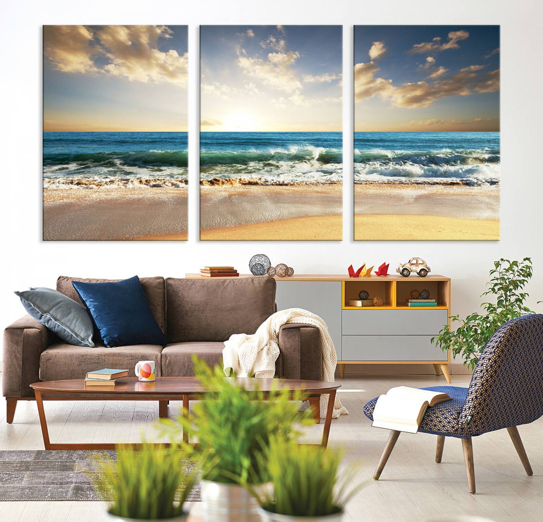 5 Panel Beach Sunrise Canvas Wall Art - Coastal Ocean Waves and Golden Sand, Ready to Hang Coastal Decor for Living Room, Bedroom, or Office