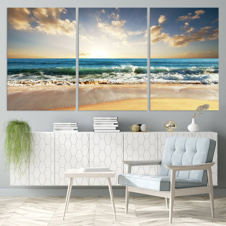 5 Panel Beach Sunrise Canvas Wall Art - Coastal Ocean Waves and Golden Sand, Ready to Hang Coastal Decor for Living Room, Bedroom, or Office