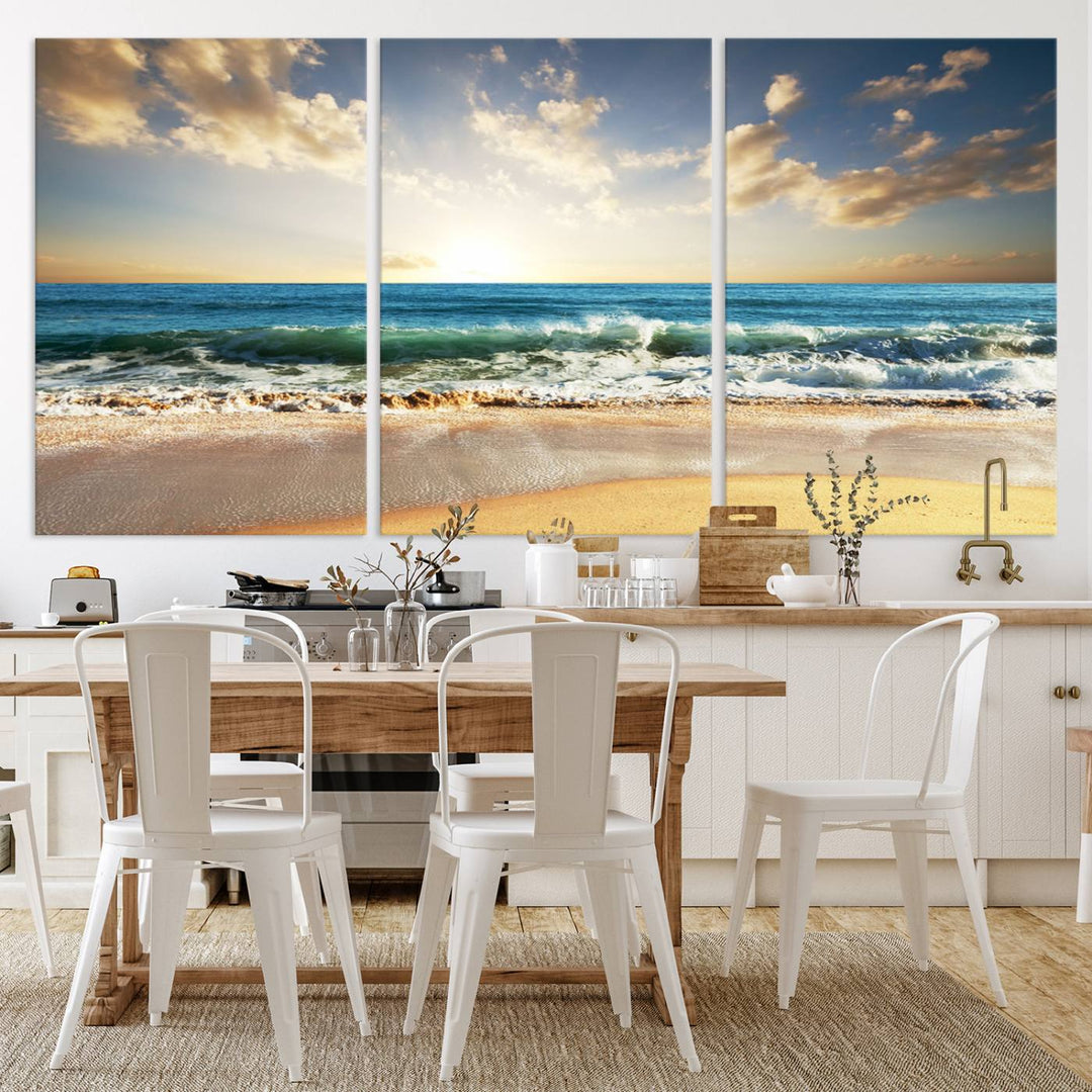 5 Panel Beach Sunrise Canvas Wall Art - Coastal Ocean Waves and Golden Sand, Ready to Hang Coastal Decor for Living Room, Bedroom, or Office