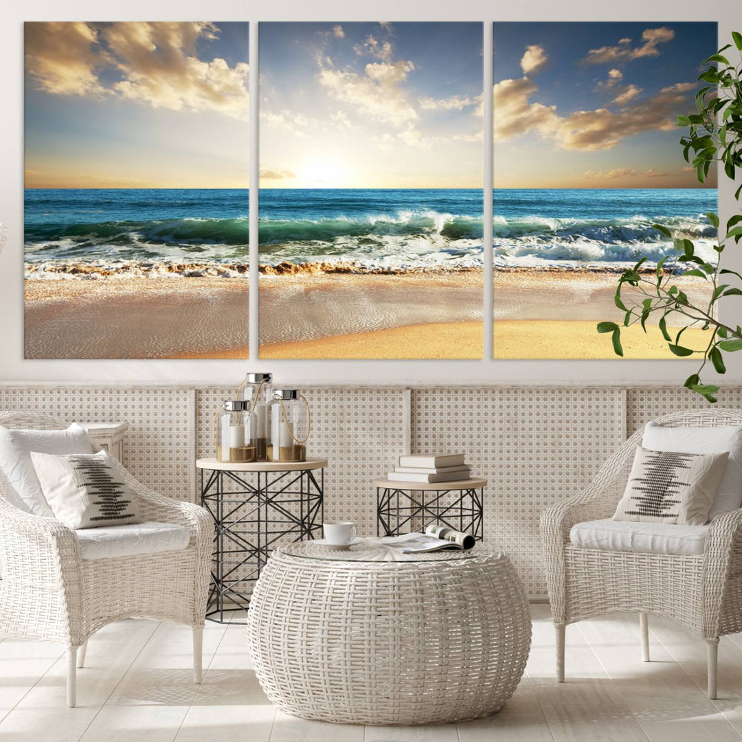 5 Panel Beach Sunrise Canvas Wall Art - Coastal Ocean Waves and Golden Sand, Ready to Hang Coastal Decor for Living Room, Bedroom, or Office